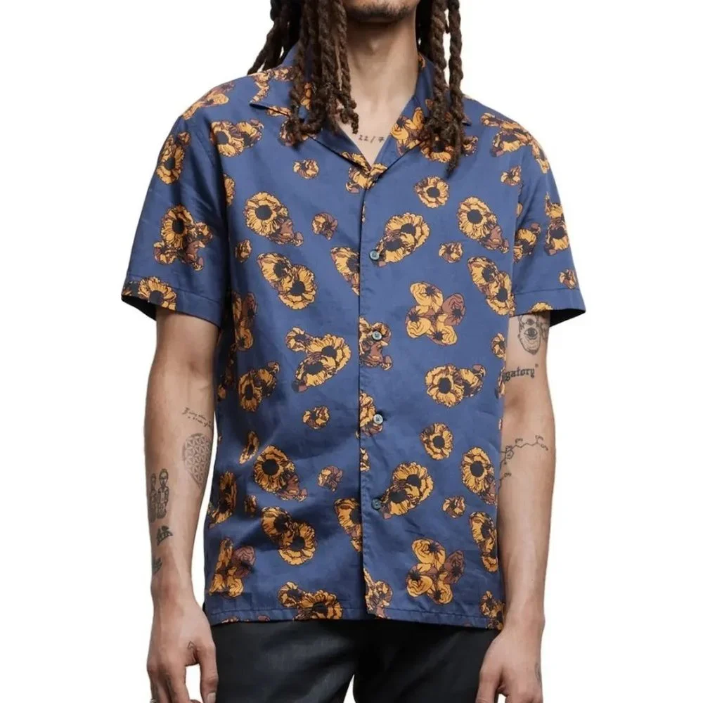 John Varvatos Men's Danny Bold Floral Print Cotton SS Button Camp Shirt Blue L - Picture 3 of 6